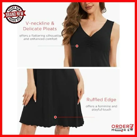 Sleeveless Viscose Nightgown V-Neck Pleated Sleep Dress Knee Length
